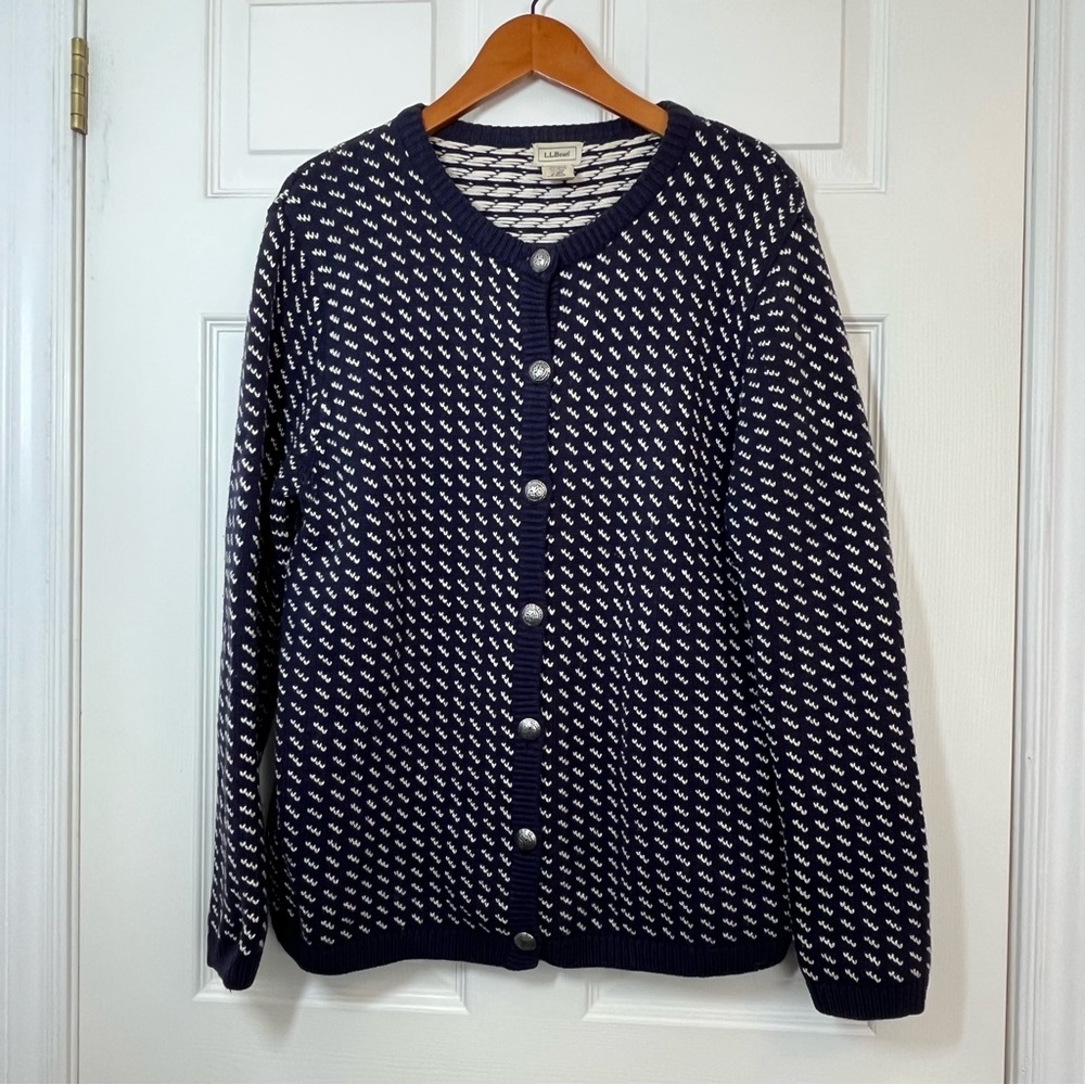 L.L. Bean Navy Blue White Birdseye Vintage Cardigan Cotton Wool Blend Size Large